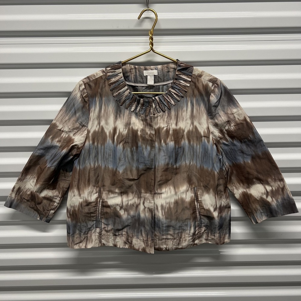 Chicos Womens Jacket 1 M Polyester Brown Blue Ikat Tie Dye Pleated Snap Cropped — photo 2
